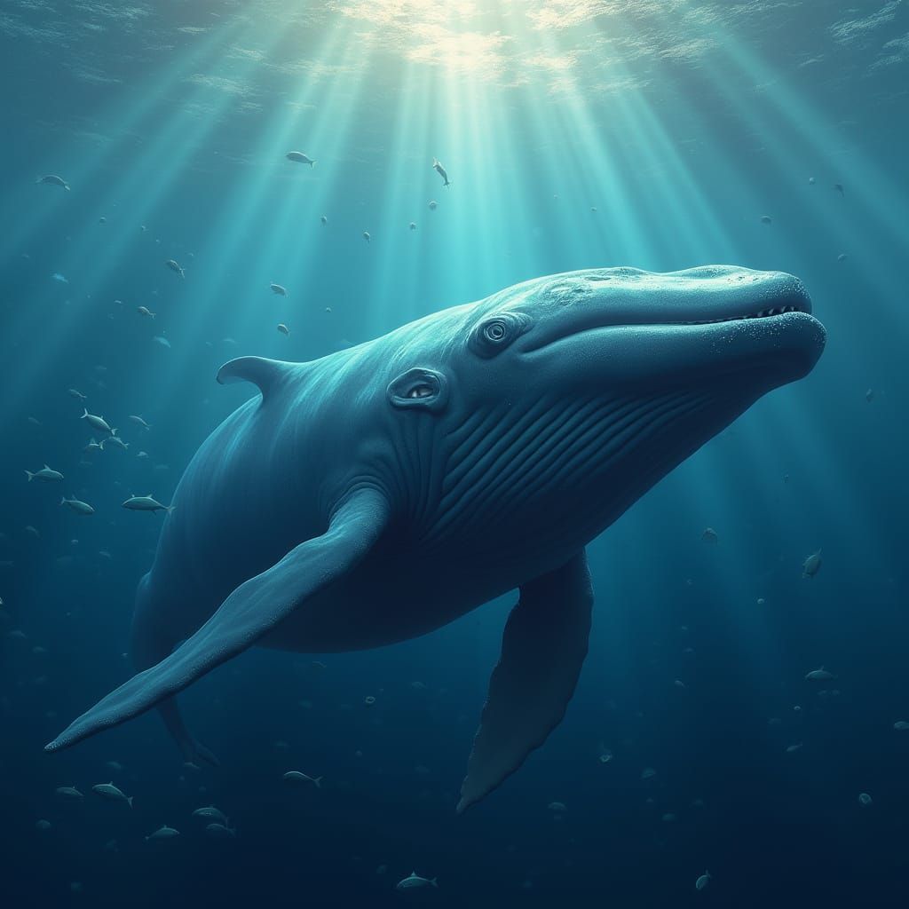 Blue Whale in Jacket, Dreamy Surreal Ocean Scene
