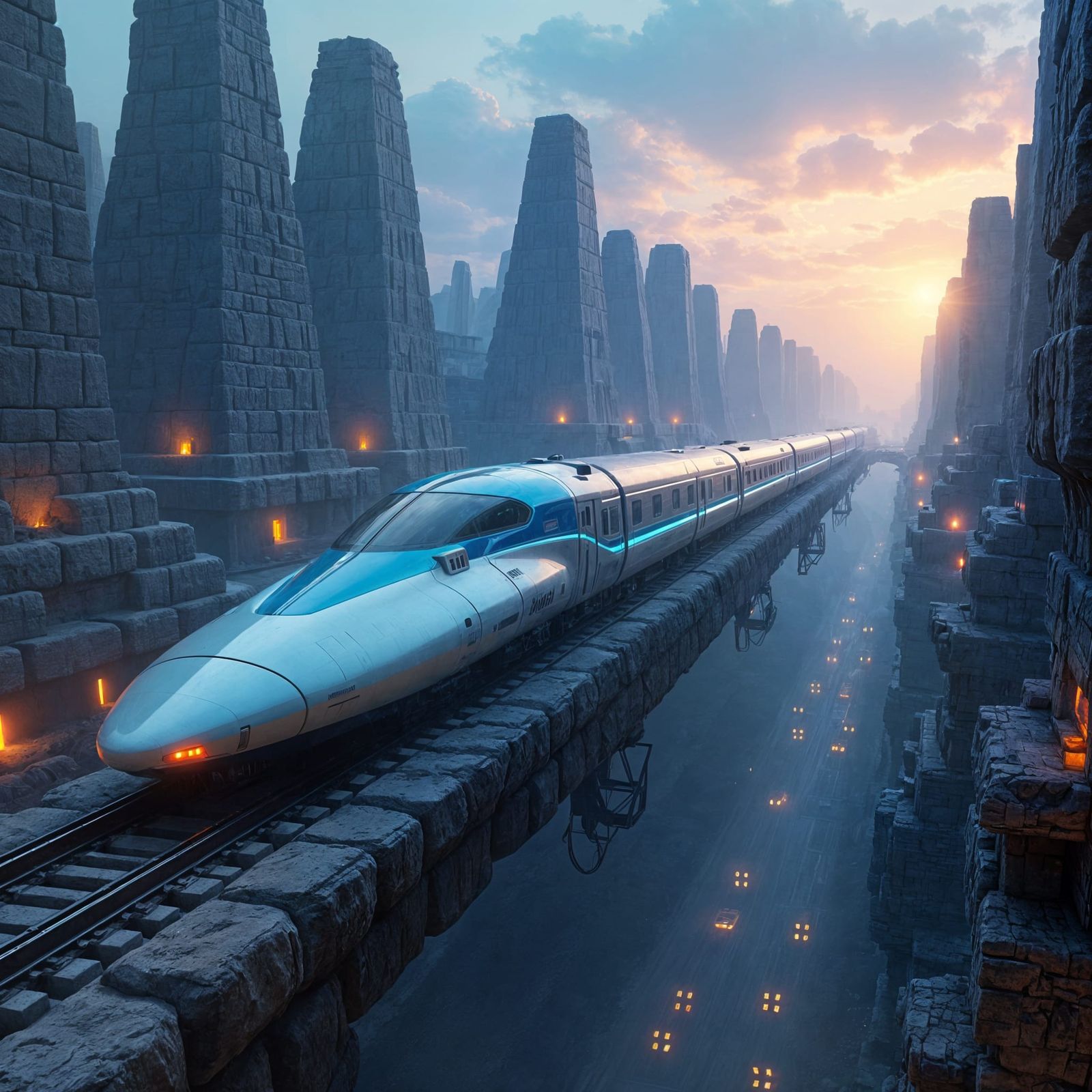 Futuristic Train Speeds Through Ancient Metropolis in Digita...