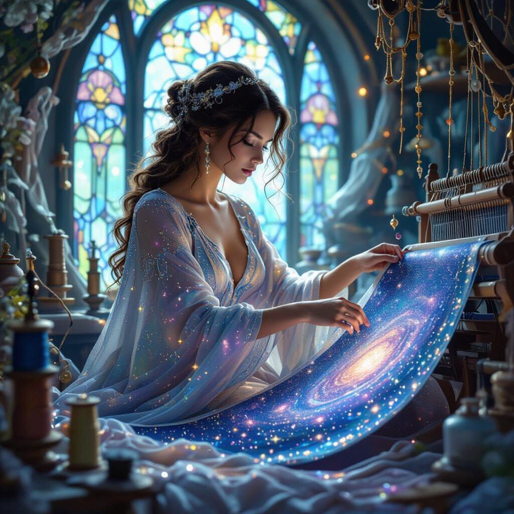 Celestial Seamstress Weaving Starlight Tapestries