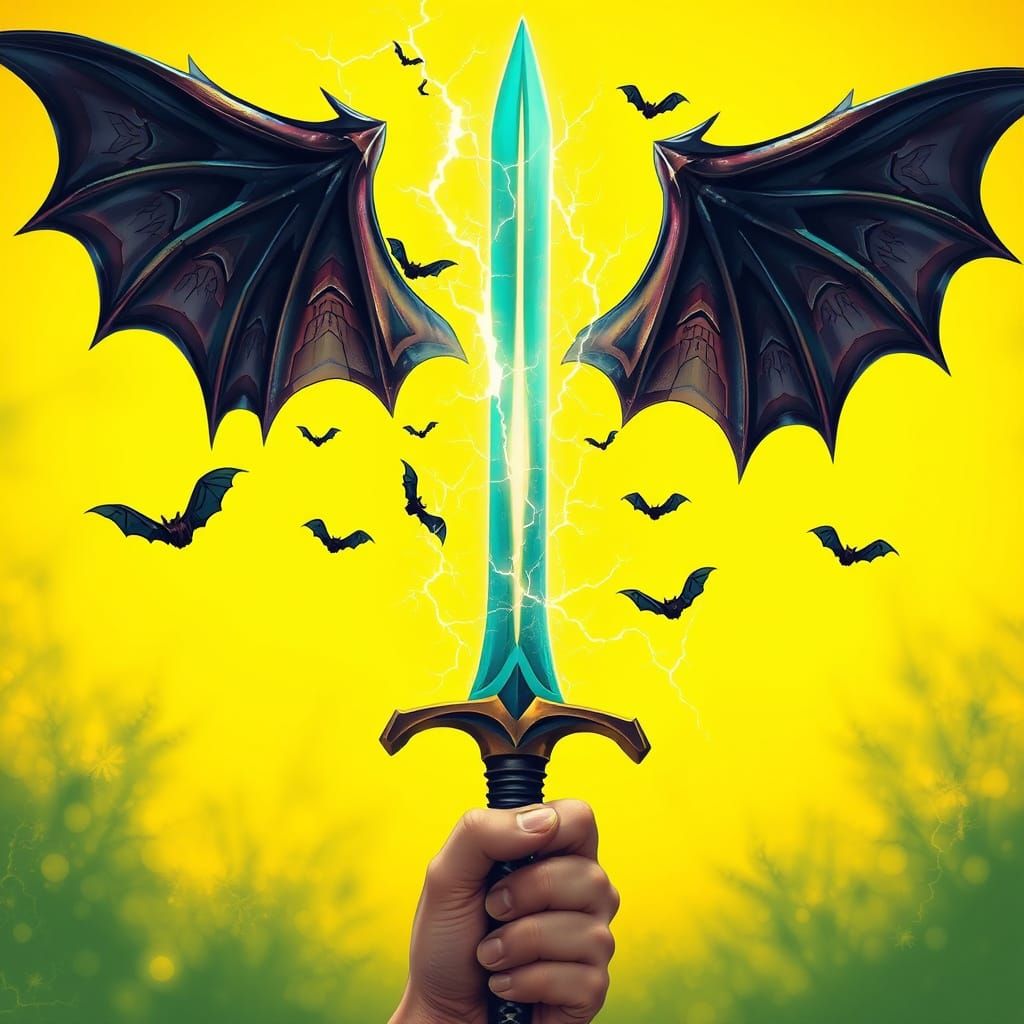Ethereal Blade of Light Ascends Amidst Swirling Bats in a Vi...
