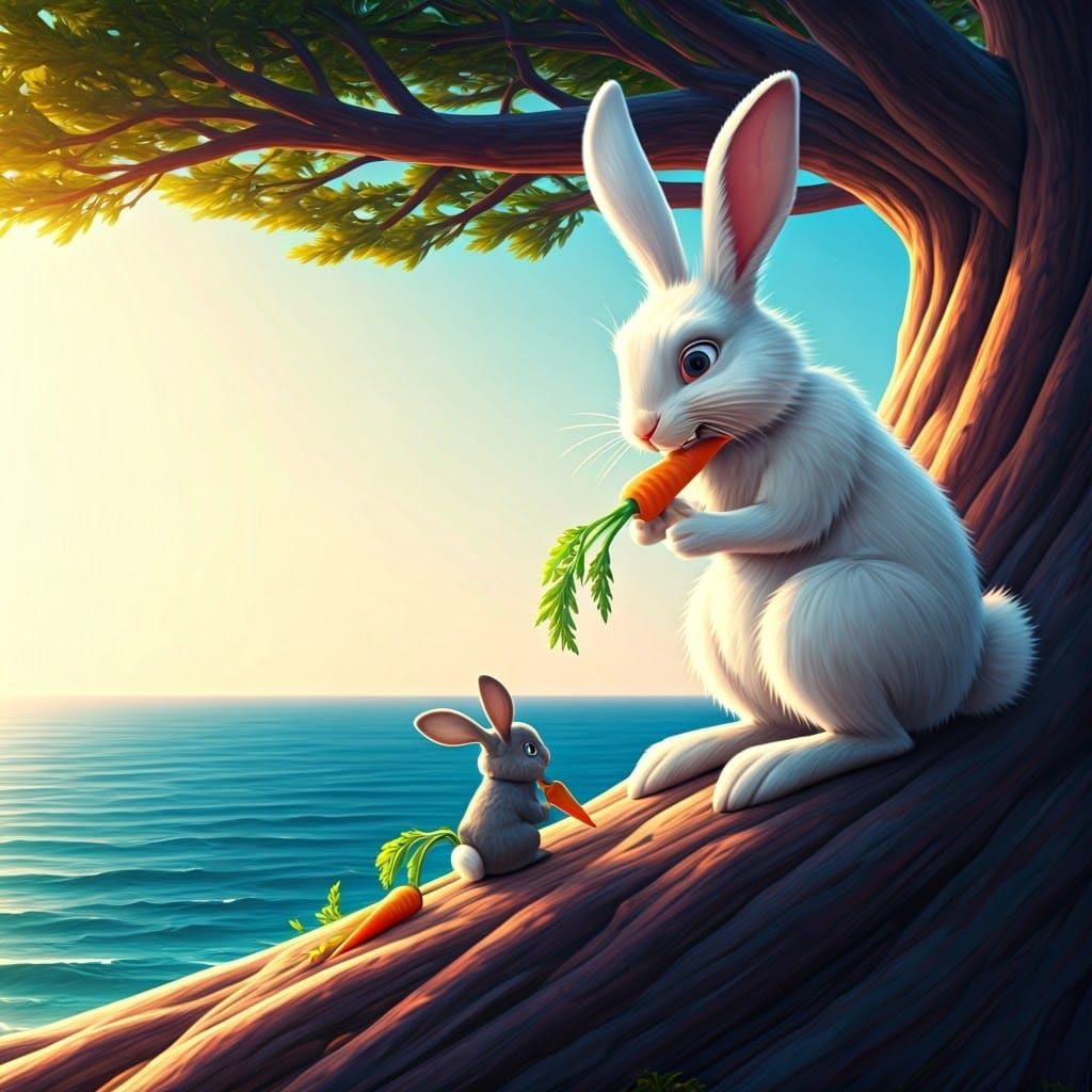 Rabbits Eating Carrots in Tree: Pixar-Style 3D Art