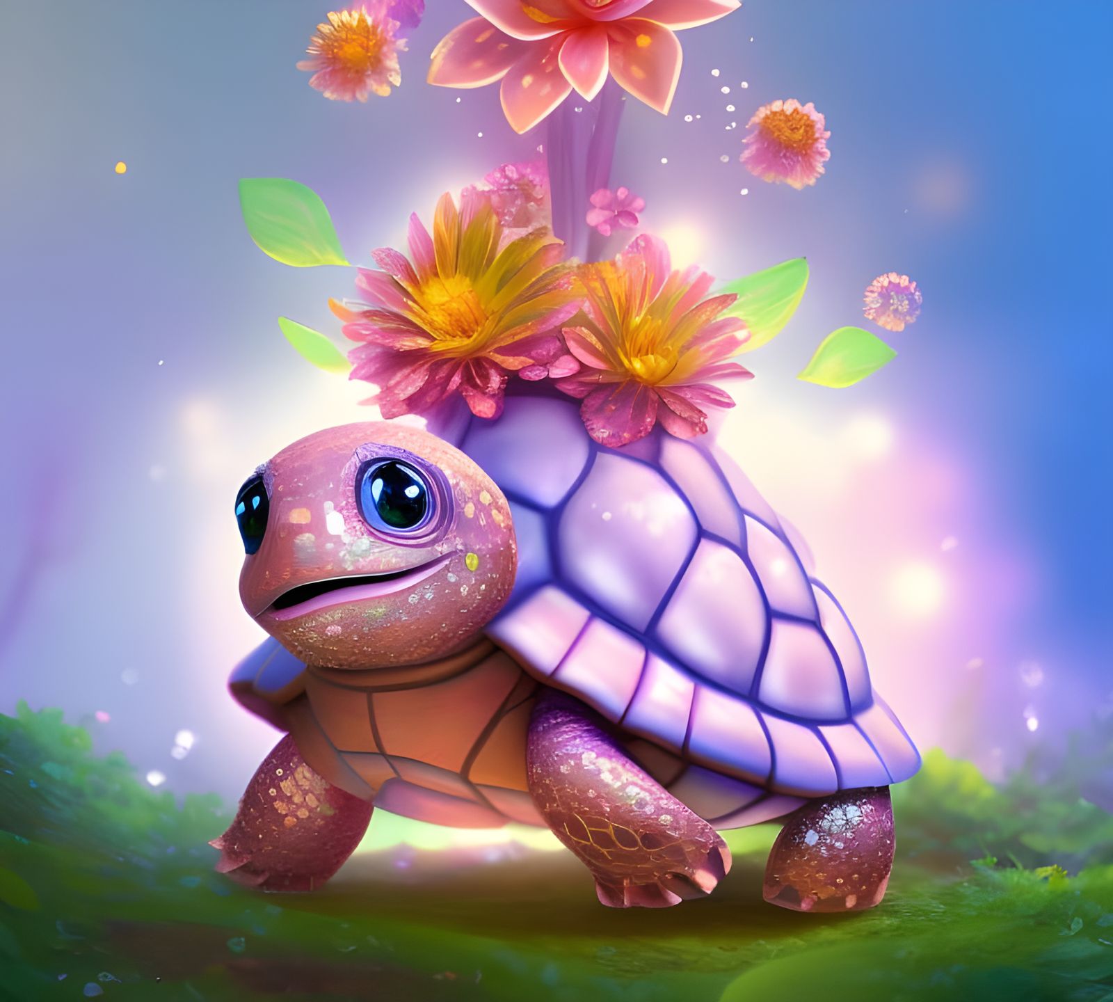 Chibi Garden Turtle with Flowers, 3D Digital Art