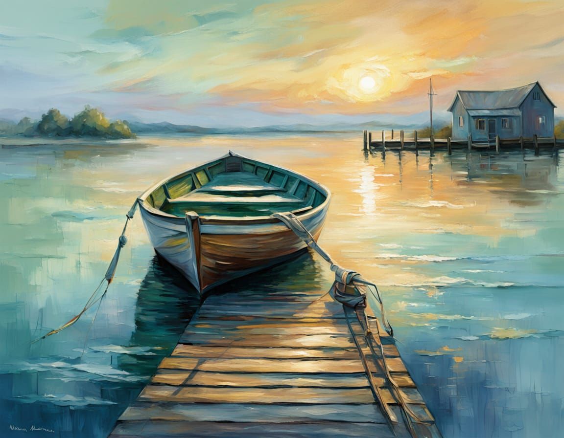 Serene Boat on Calm Sea Impressionistic Oil Painting