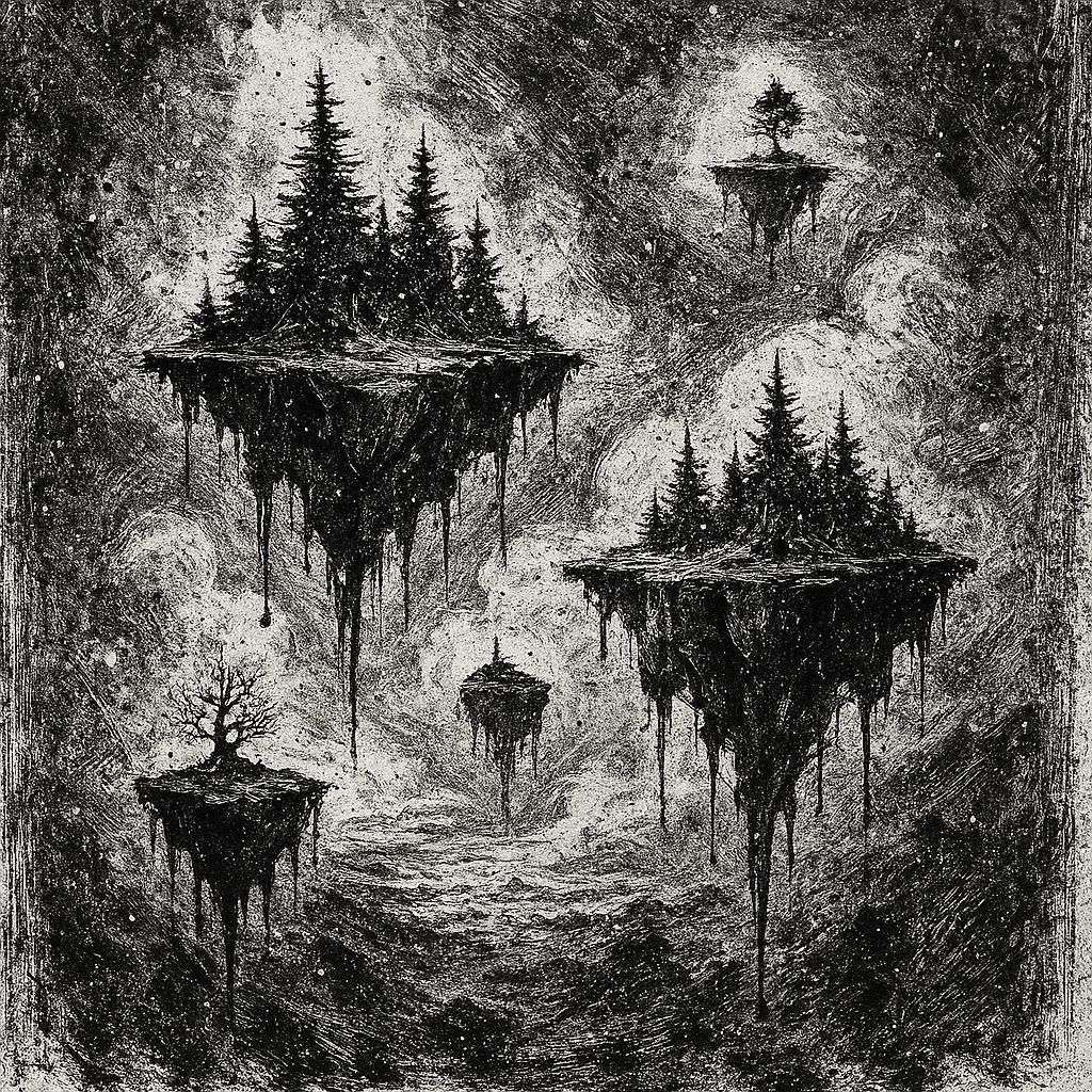 Intricate Ink Drawing of Floating Islands