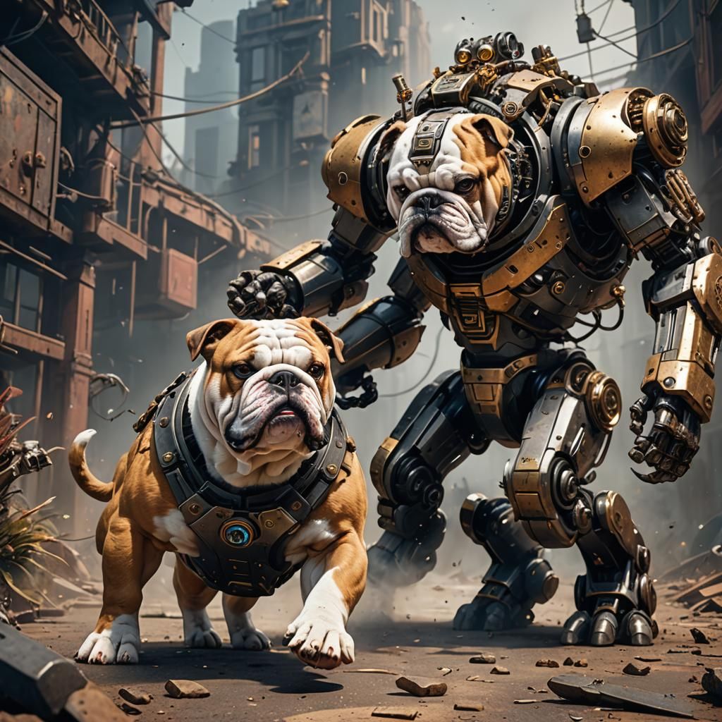 Cyborg Bulldog vs Cat: Detailed Fantasy Battle