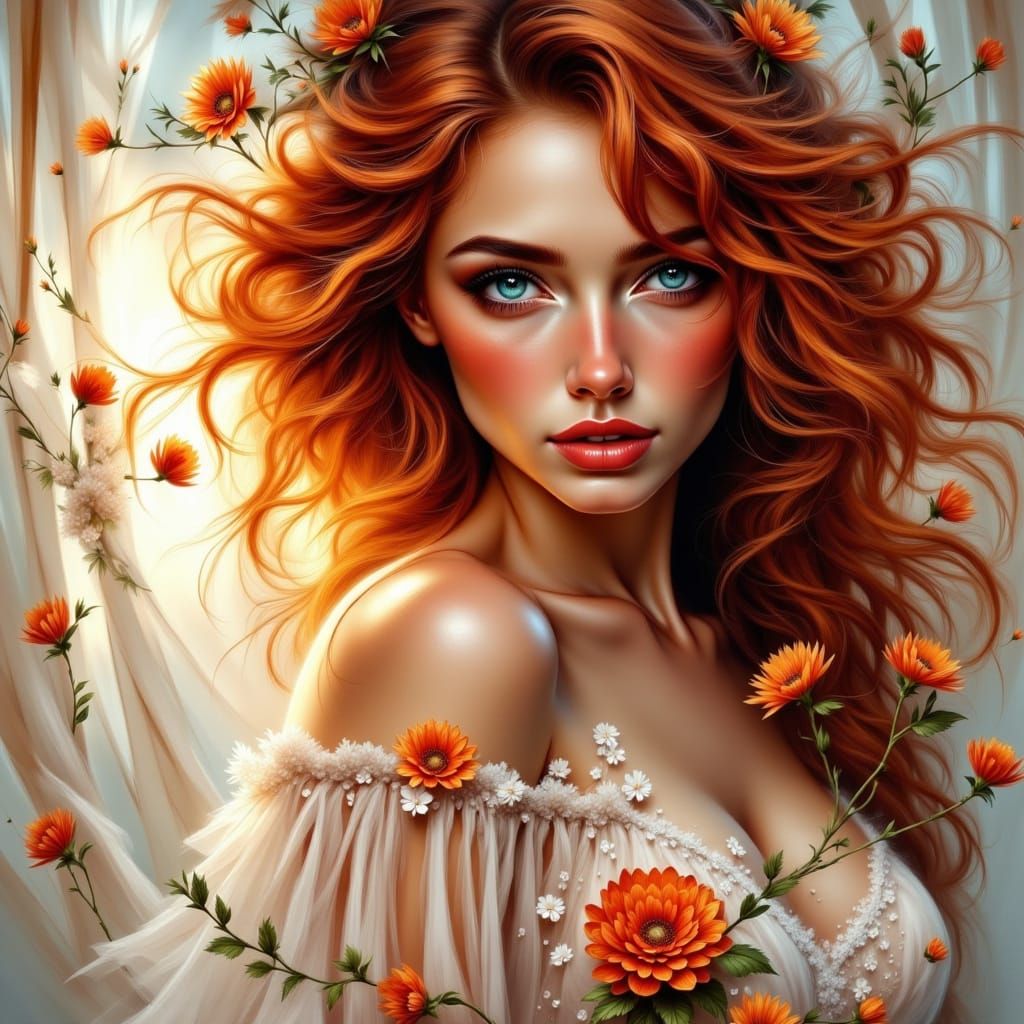 Surrealistic Portrait of a Curly Red-Haired Beauty in a Flow...