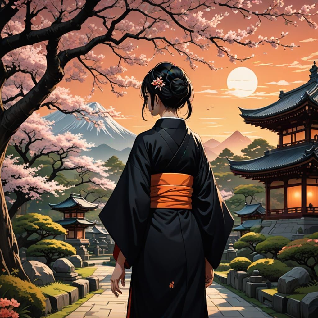 Elegant Japanese Woman in a Serene Cherry Blossom Garden