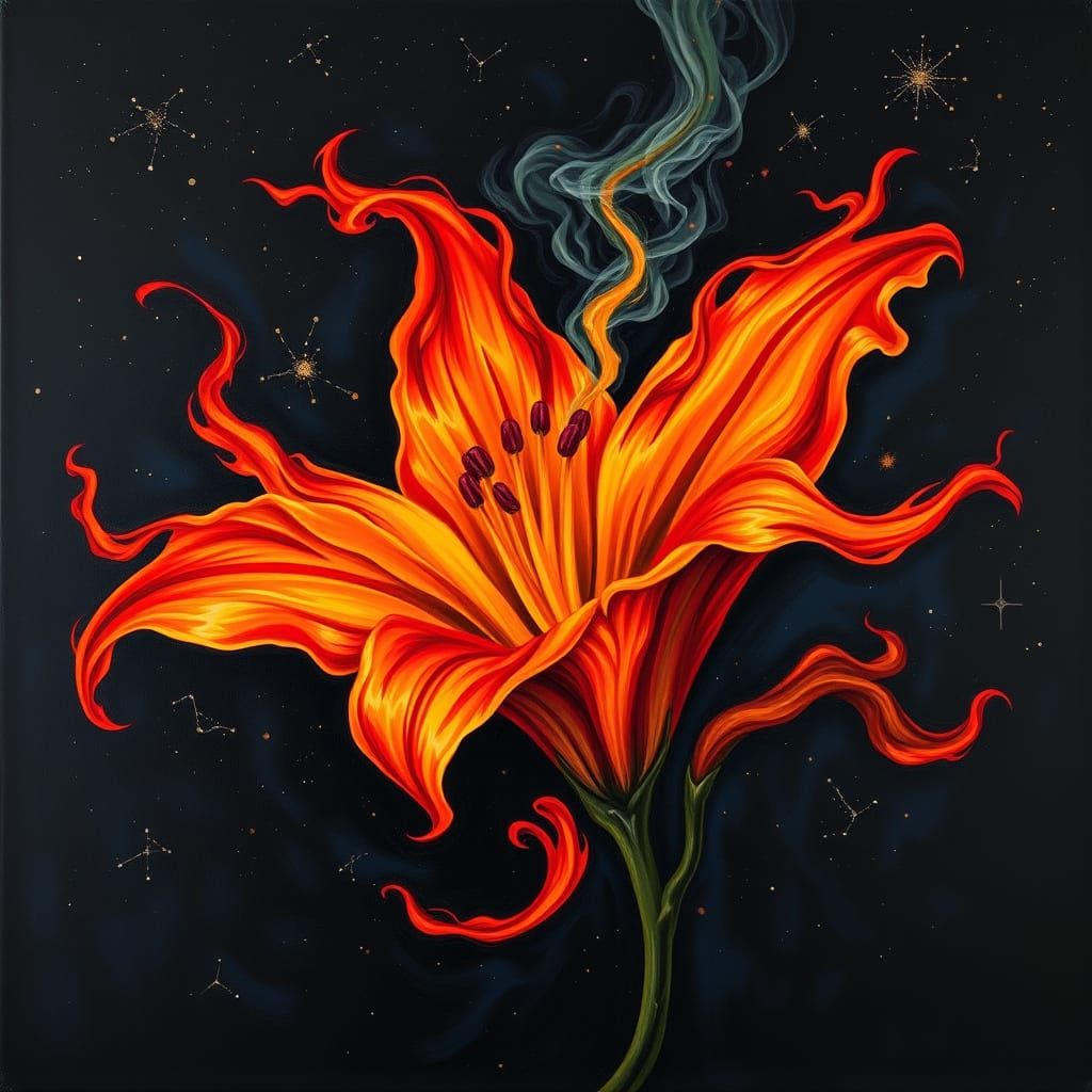 Lily made entirely out of red-orange flame. Ambre fire petals. Background dark night sky with constellations. Smoke risi...