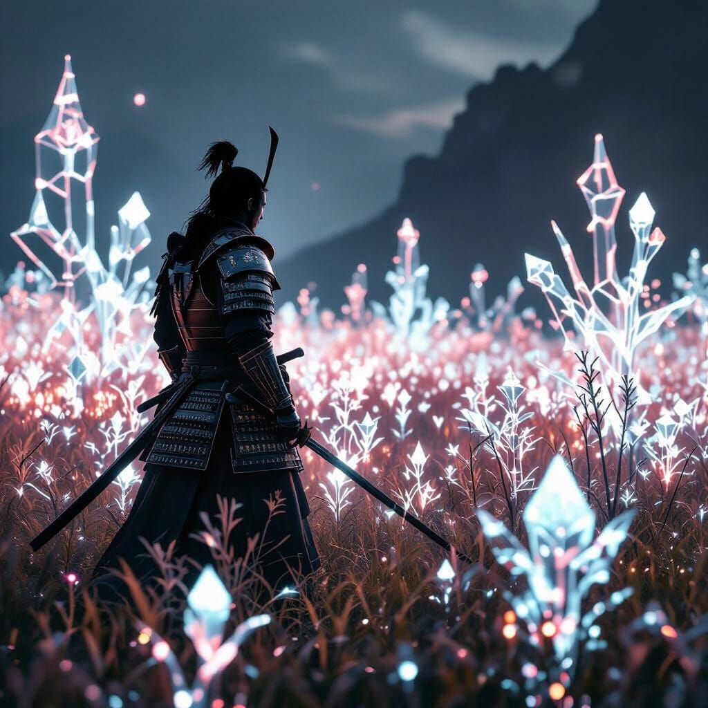 Samurai Warrior in Glowing Flora Field