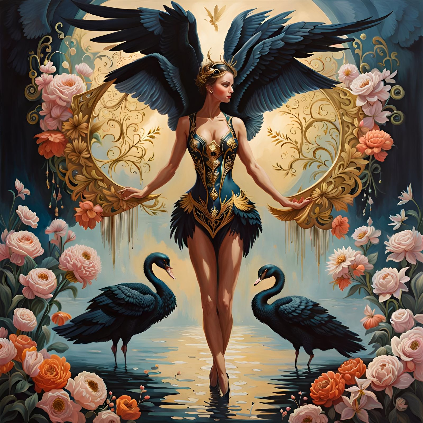 Intricate Black Swan Woman with Wings and Flowers