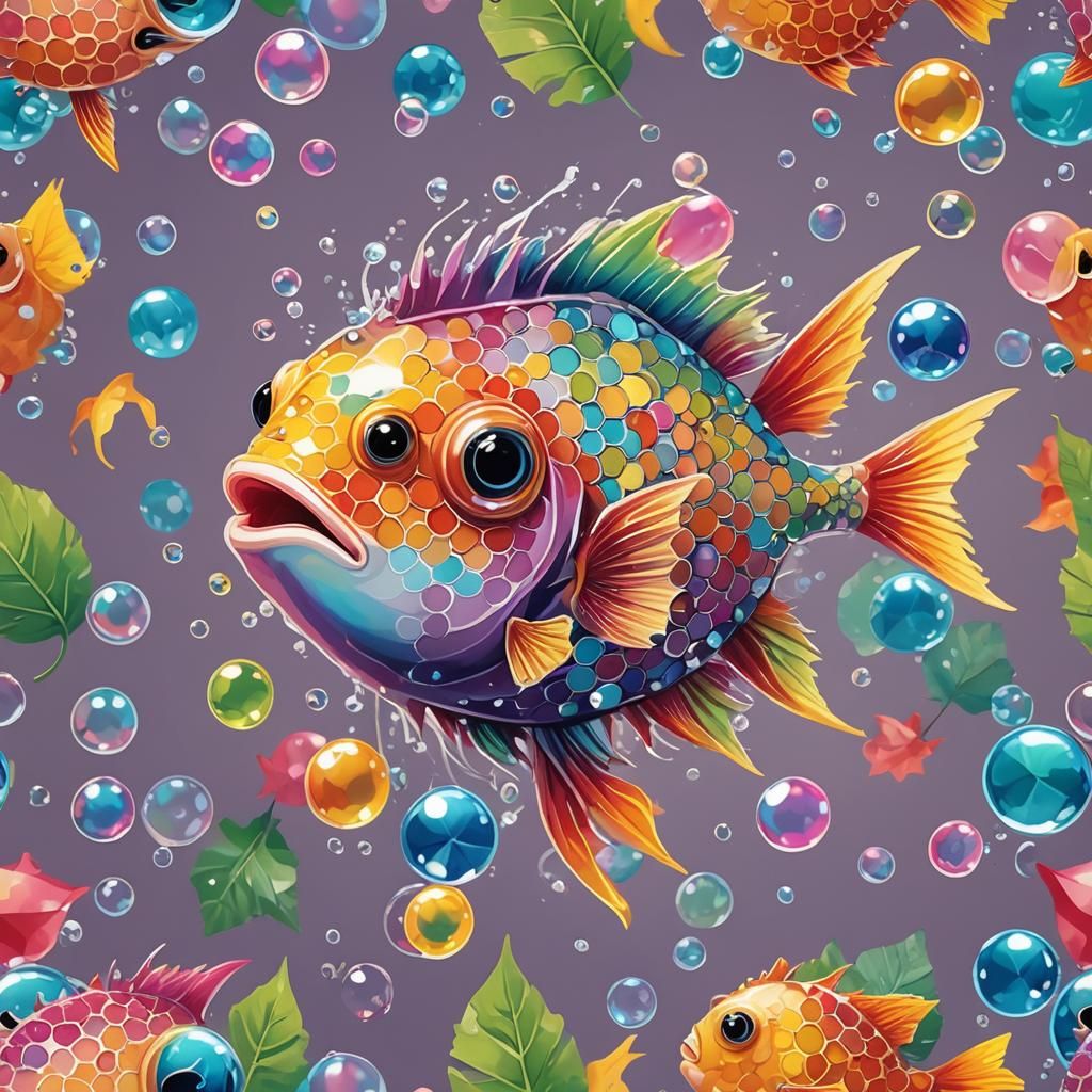 Rainbow Diamond Blowfish with Bubbles and Leaves