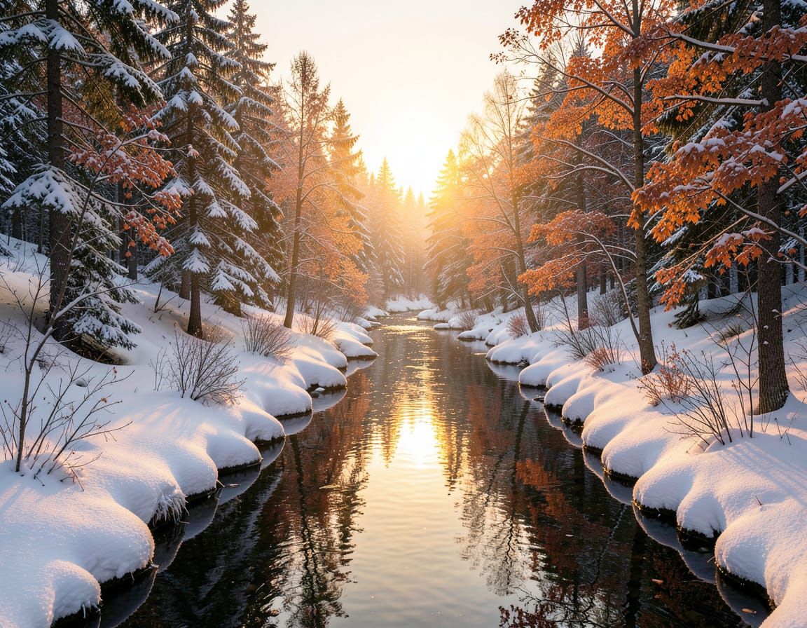 Serene Snowy Forest River at Sunset - Hyperrealistic Photo