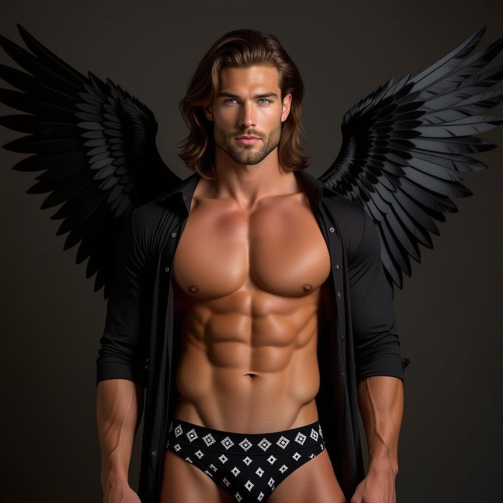 Photorealistic Muscular Man with Wings in Dark Setting