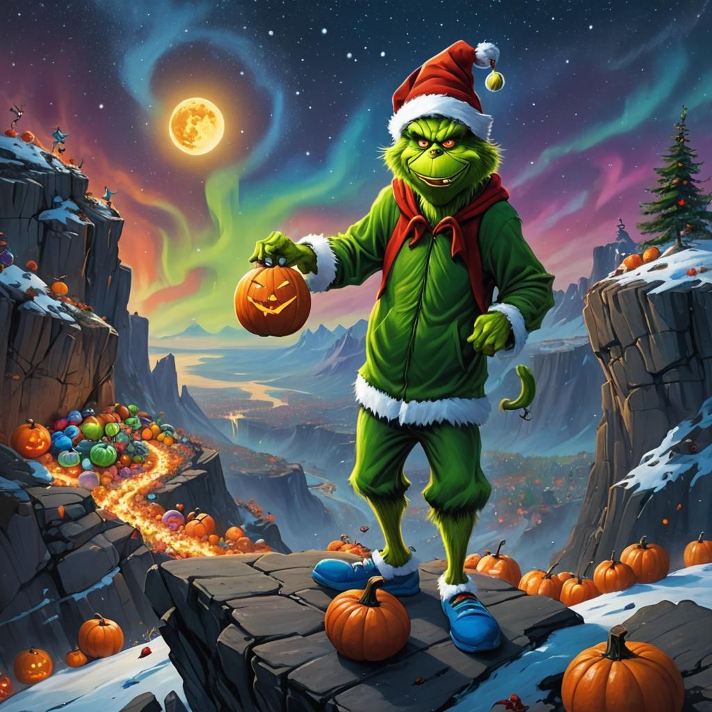 Grinch Steals Halloween Under Northern Lights: Surreal Portr...