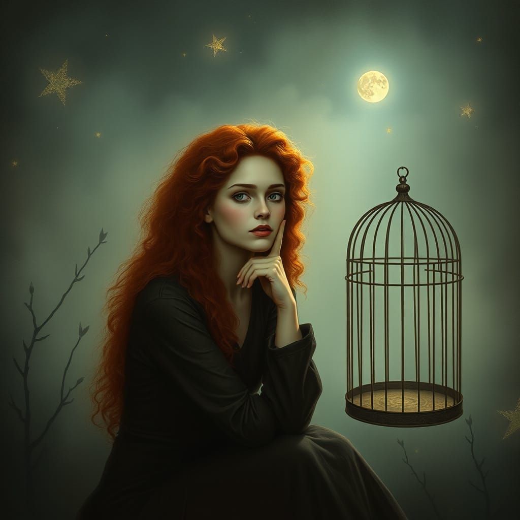 Red-Haired Woman Before Empty Cage in Misty Fantasy World