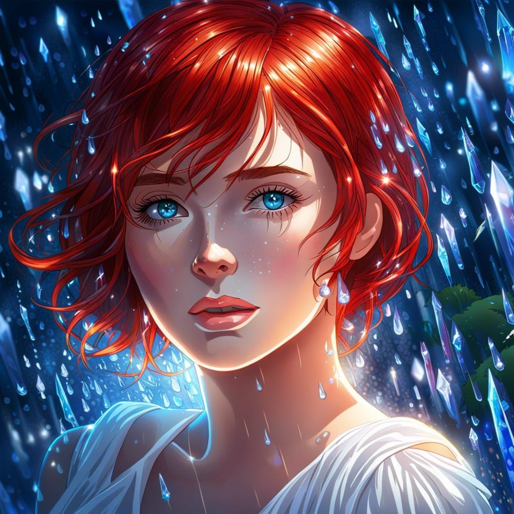 Anime Woman with Red Hair in Rain