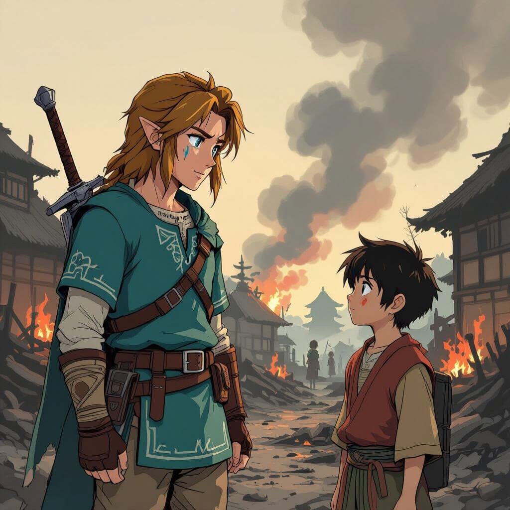Link in Ruins, Speaking to a Friend in Ukiyo-e Style