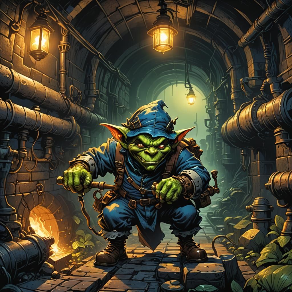 King Goblin Plumber in Misty Sewer: Comic Book Art