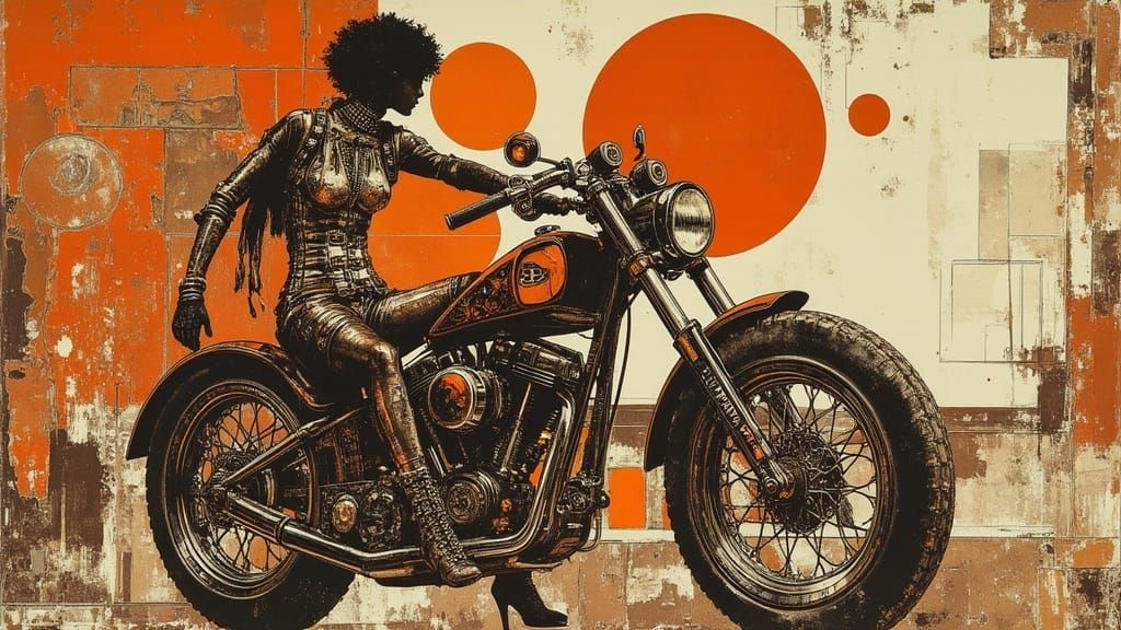 art by Whack Noodle <lora:Ad70s:1.0> awesome wild custom motorcycle ridden by gorgeous goth woman, beautiful intricate l...