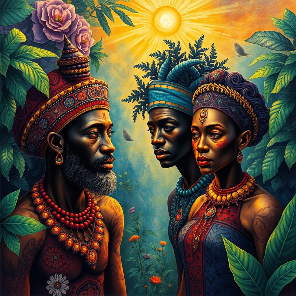 Neo-Impressionist African Ancestors in Vibrant Paradise