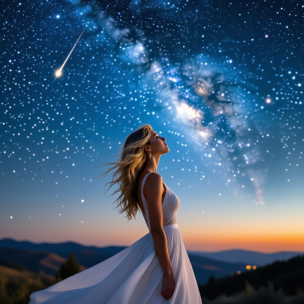 Woman Gazing at Meteor Shower in Cinematic Style