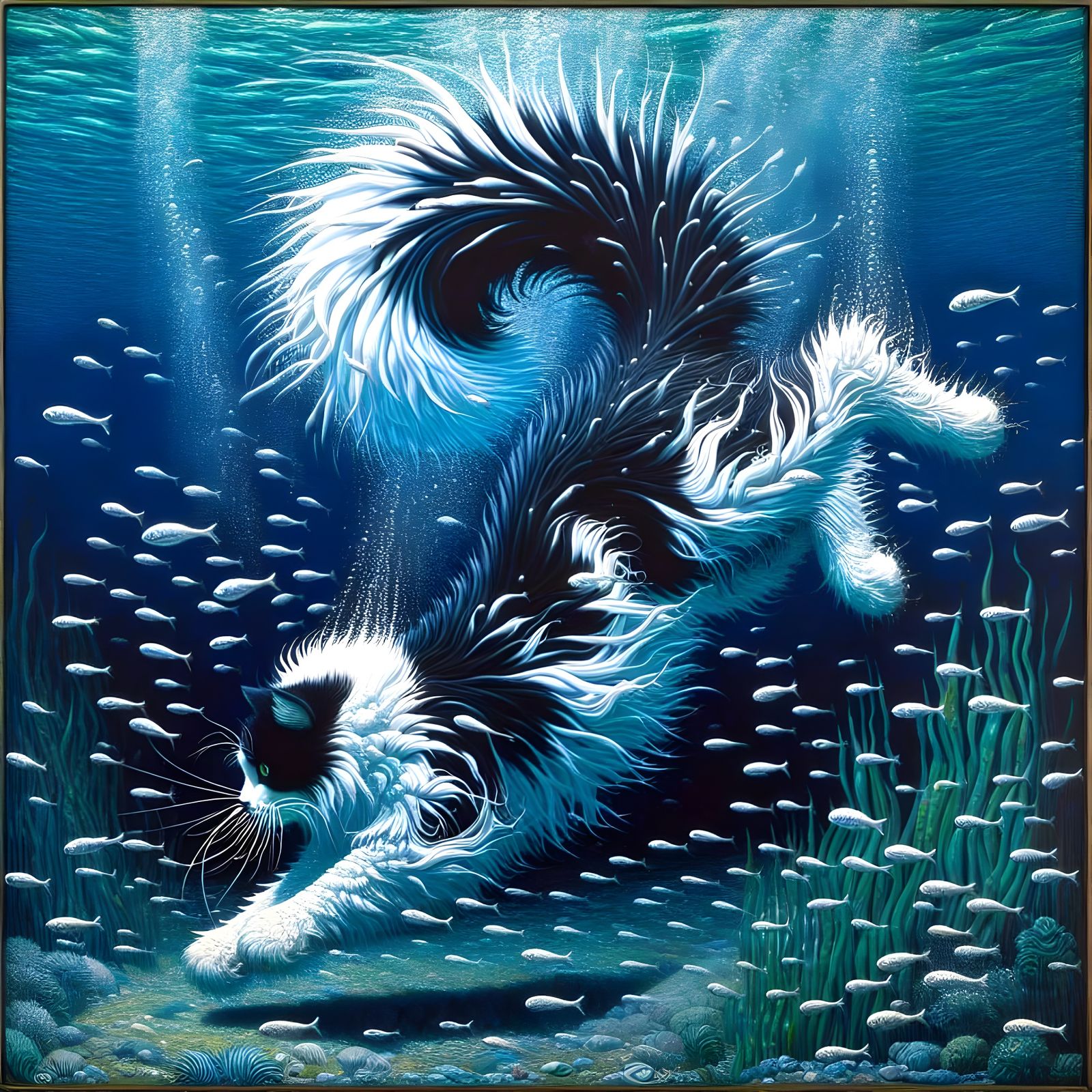 Monochrome Cat Diving into Cerulean Ocean in Art Nouveau Sty...