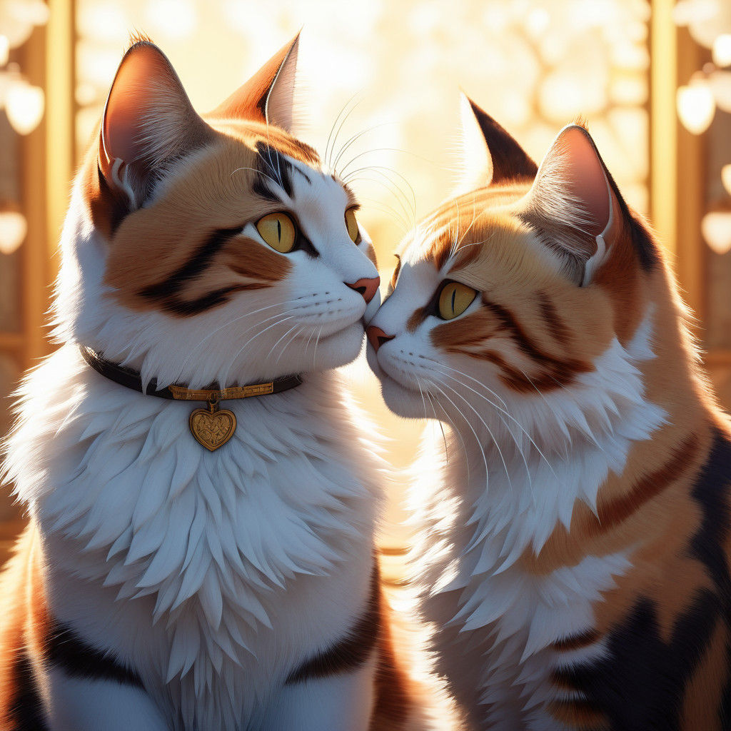 Surreal Anime Cats Share Tender Moment in Softly Lit Haven