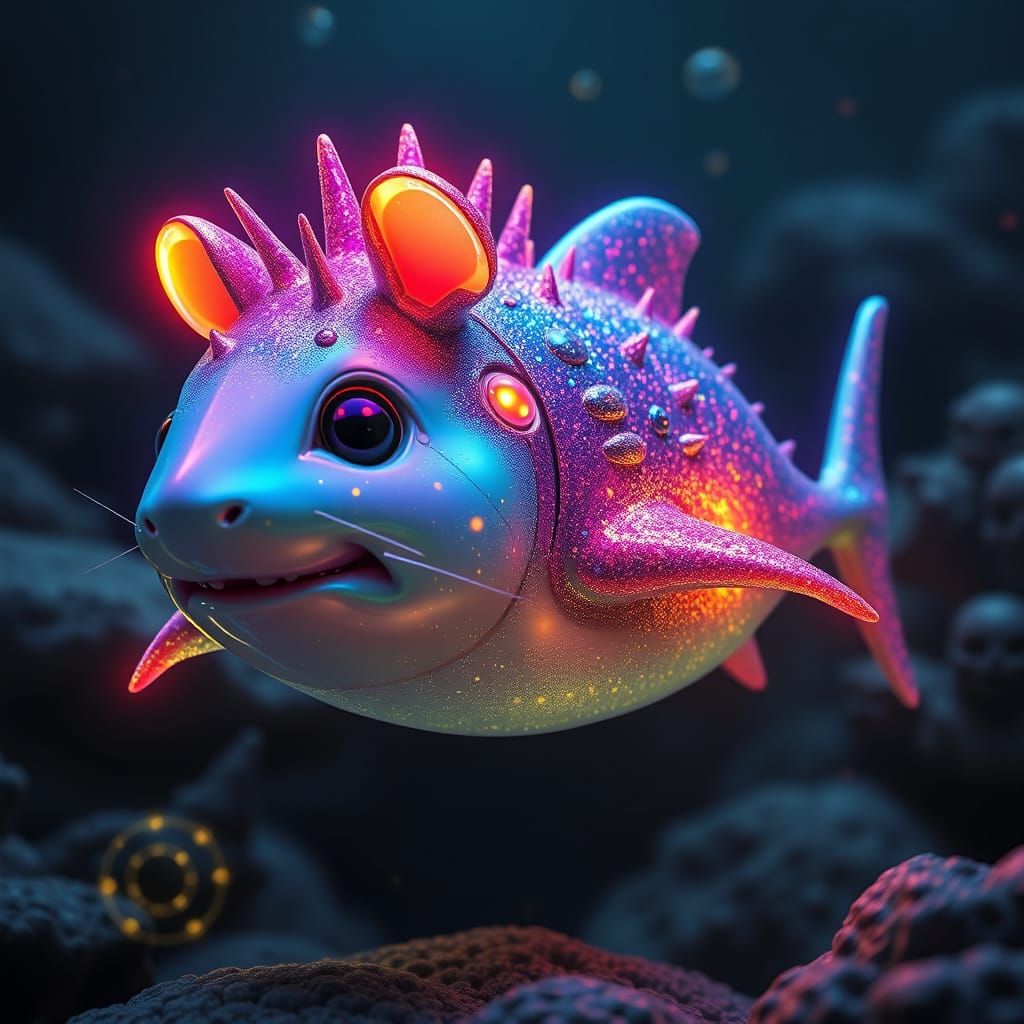 Glittery Sea-Hamster Shark Hybrid in Neon Style