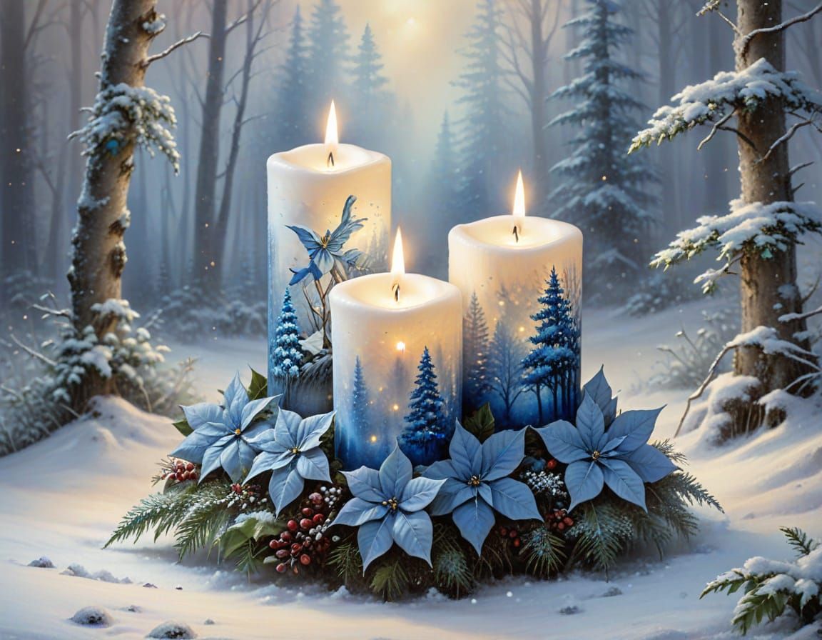 Candles & Nativity Scene in Snowy Forest Clearing