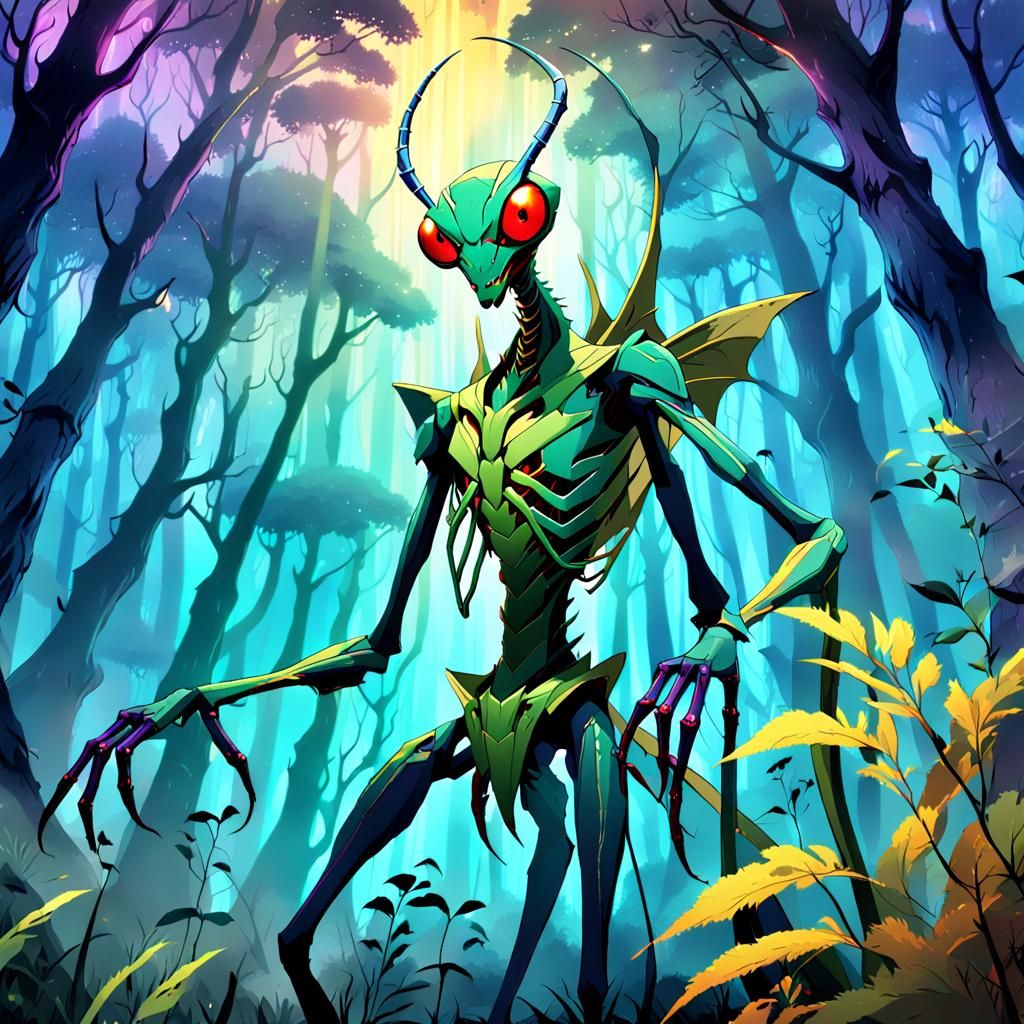 Praying Mantis Demon in Mystical Forest: Anime Art