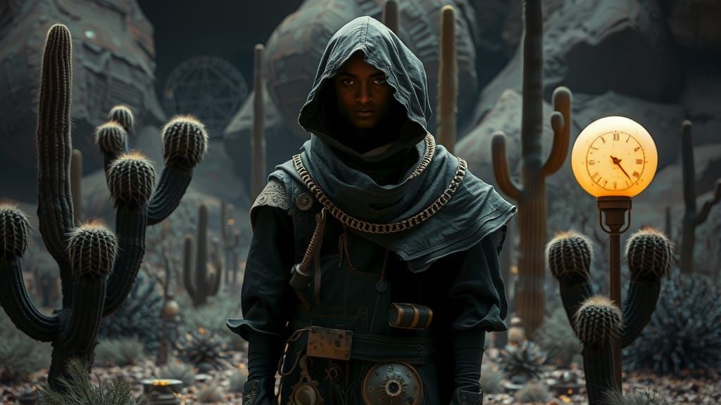 Dark Artificer in Desert Oasis with Steampunk Elements