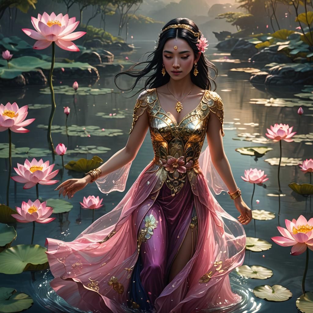 Woman in Glass Dress with Lotus Flowers