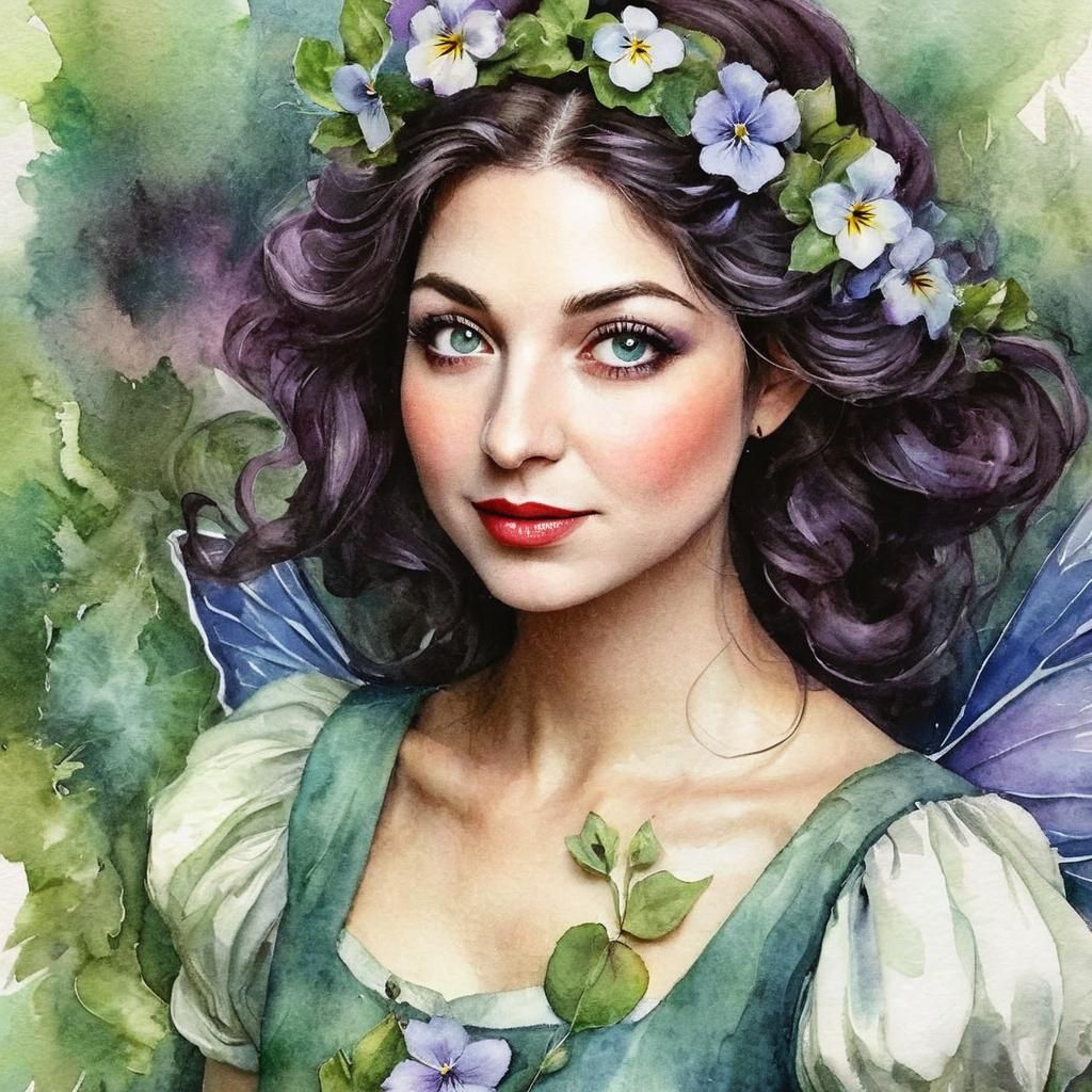 Pansy Fairy Portrait in Watercolor Style