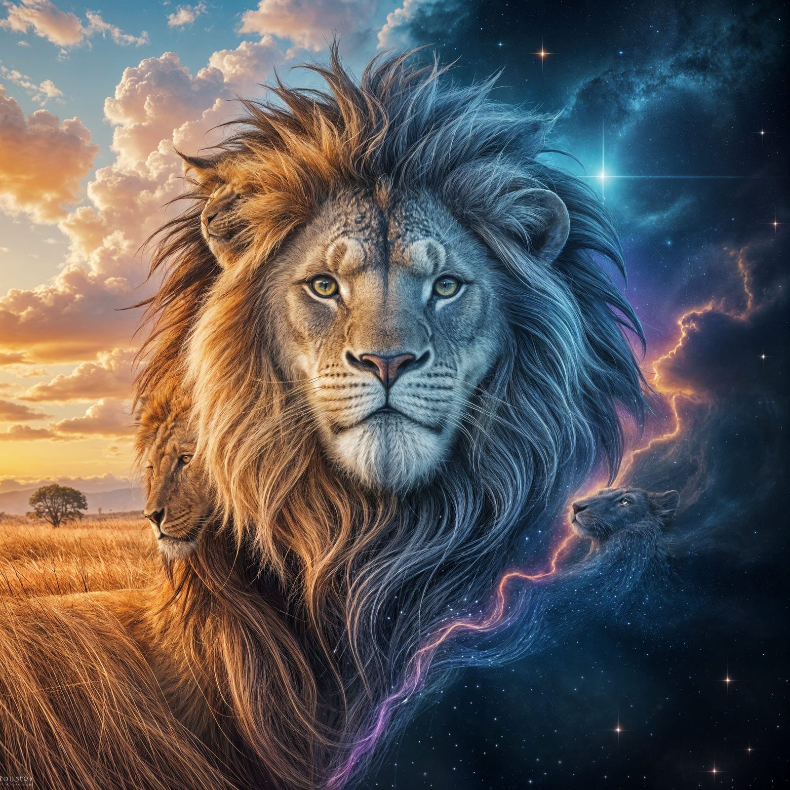 Dual Lion: Savanna Roar and Cosmic Majesty