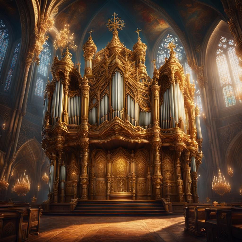 King Plays Flying Golden Organ, Detailed Matte Painting