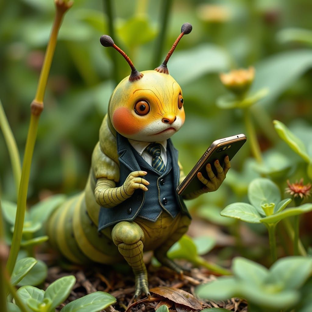 Caterpillar in Suit Chats on Smartphone in Garden