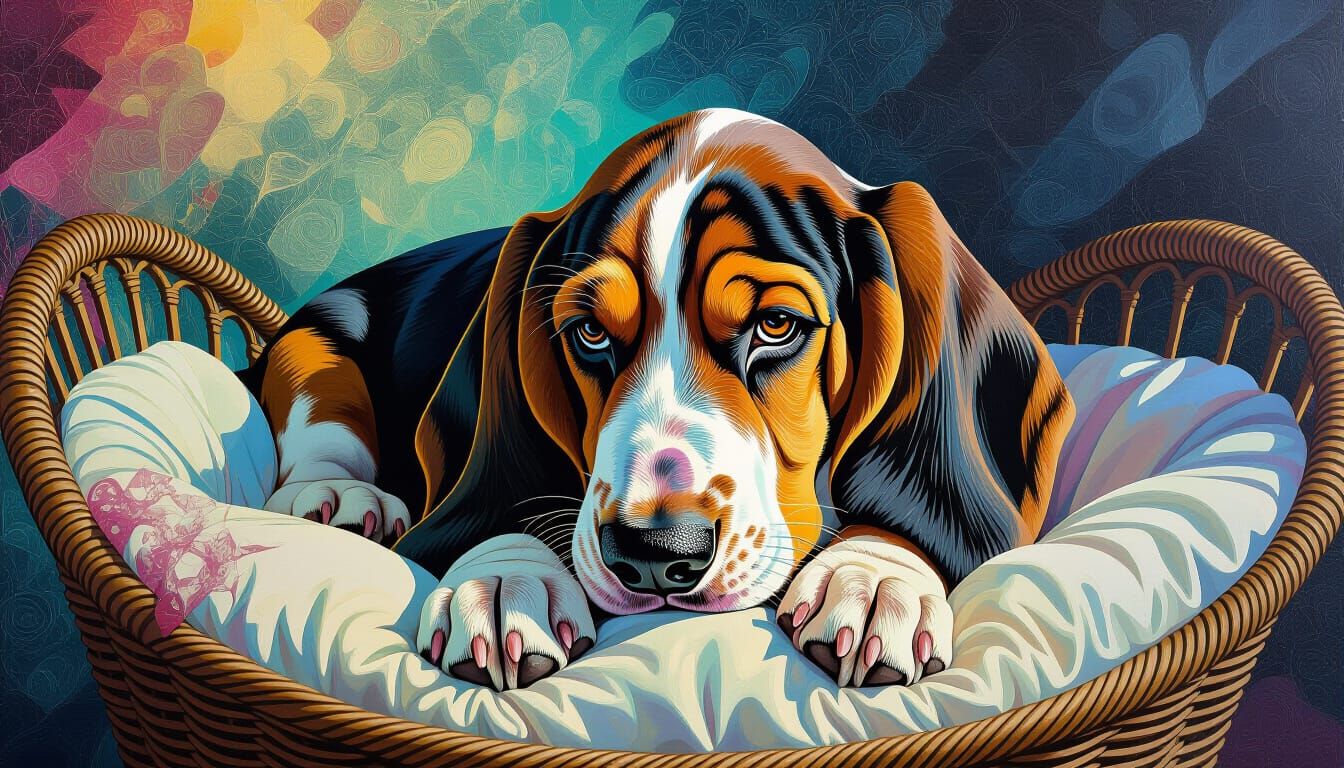 Basset Hound Digging in Bassinet - Gothic Surrealism