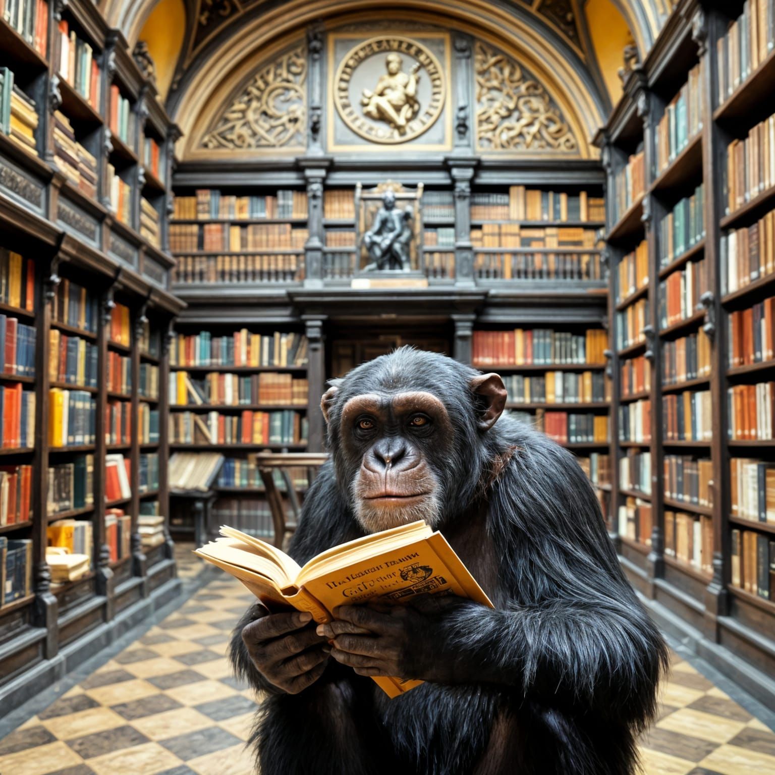 Chimp Reads Book in Prague's Klementinum Library