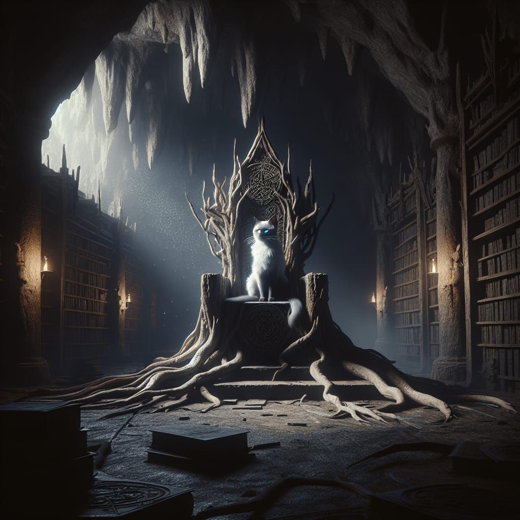 Dark Fantasy Siamese Cat on Root Throne in Cave Library