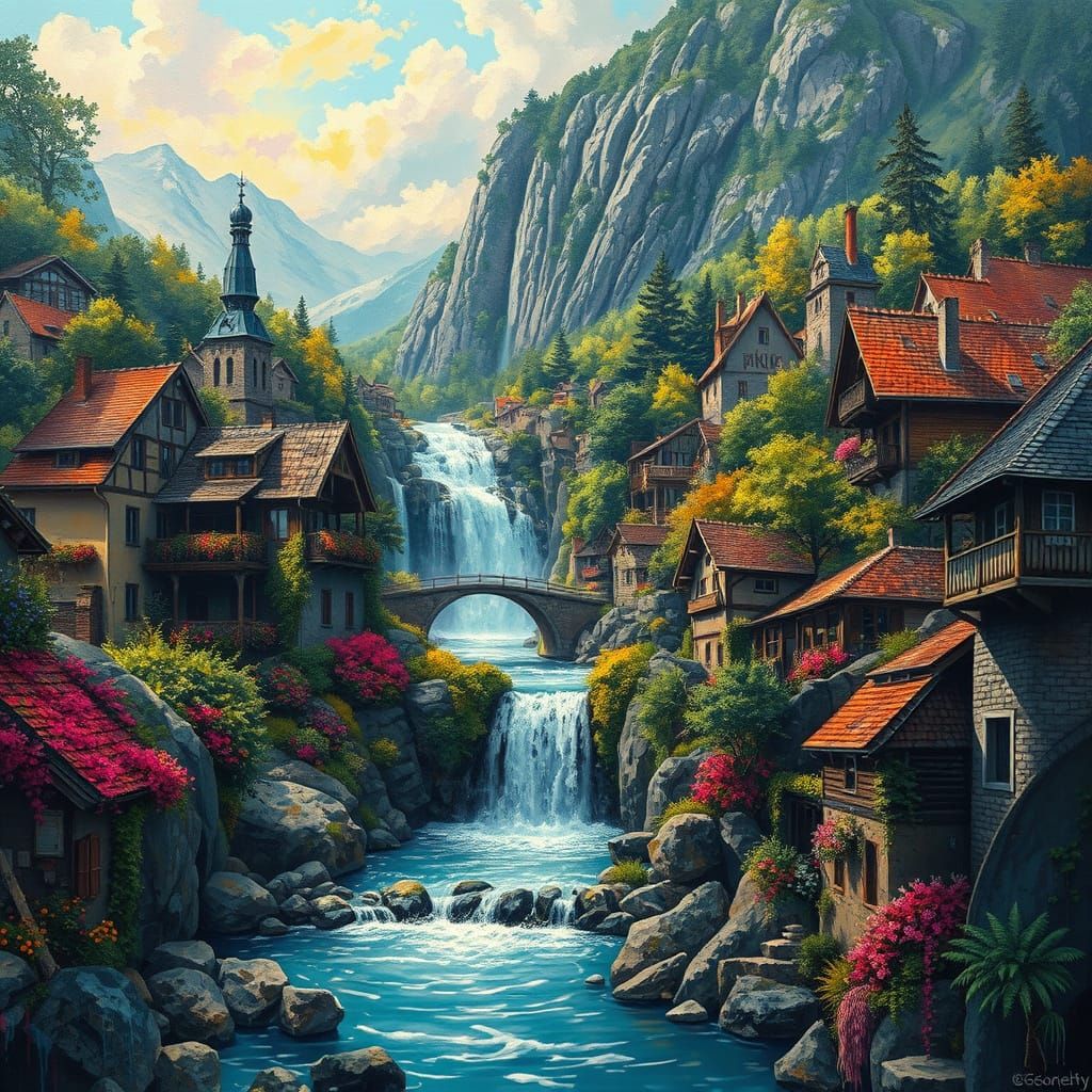Village Waterfall Scene in Graffiti Street Art Style