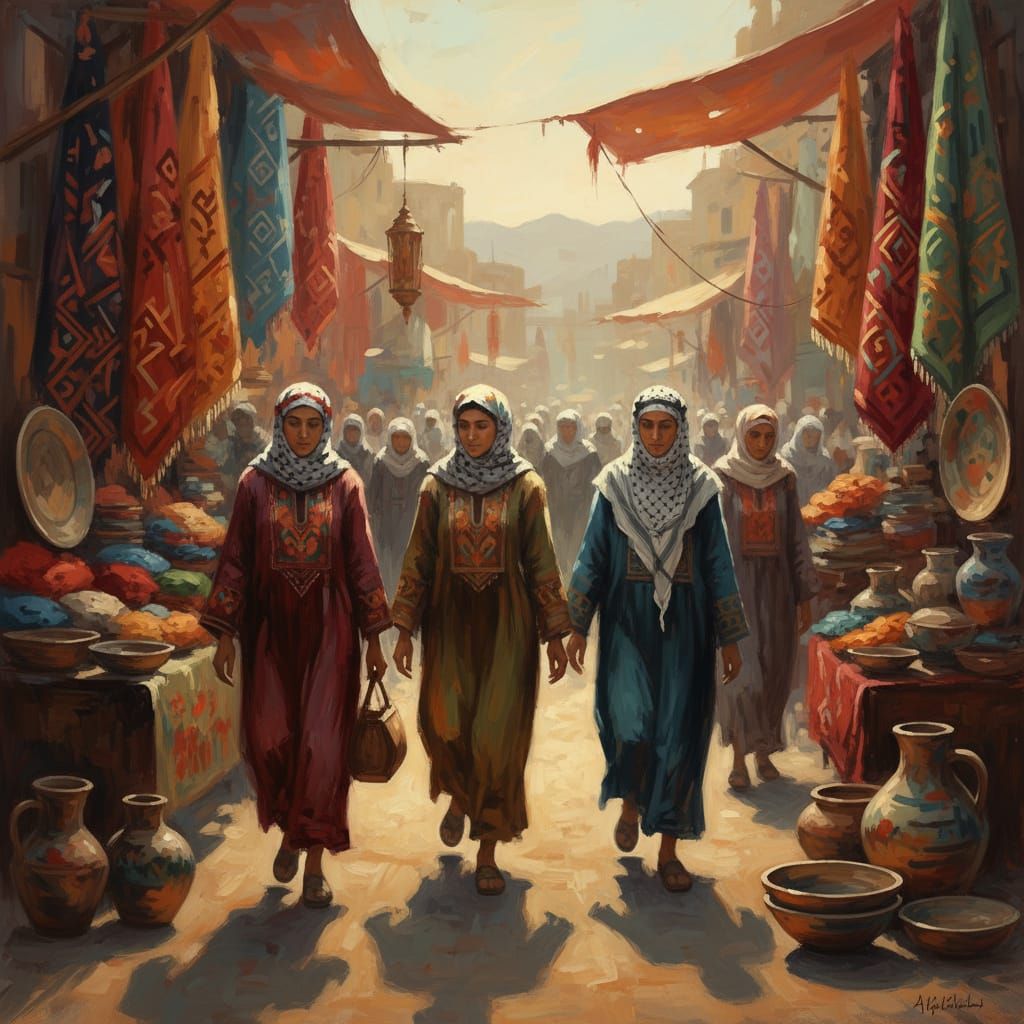 Palestinian People in Traditional Marketplace Art