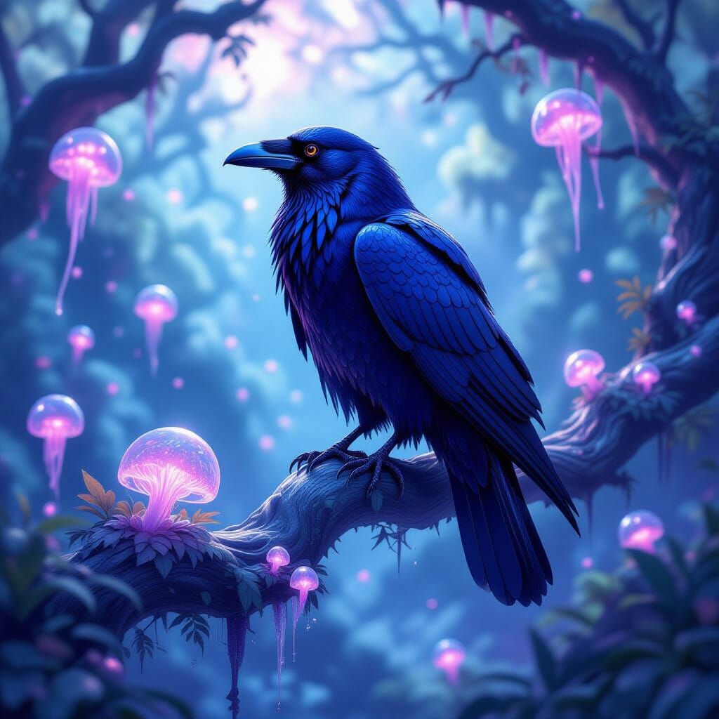 Colossal Raven with Violet Nebula Feathers in Jelly Forest