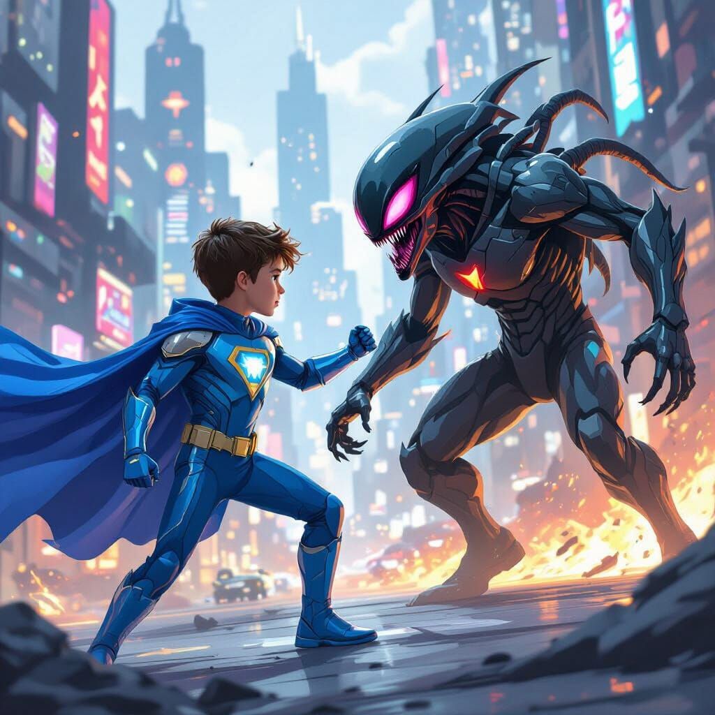 Superhero Boy Fights Alien in Futuristic Cityscape