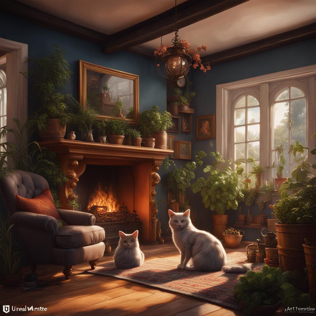 Cozy Home with Cats, Plants, and Fireplace