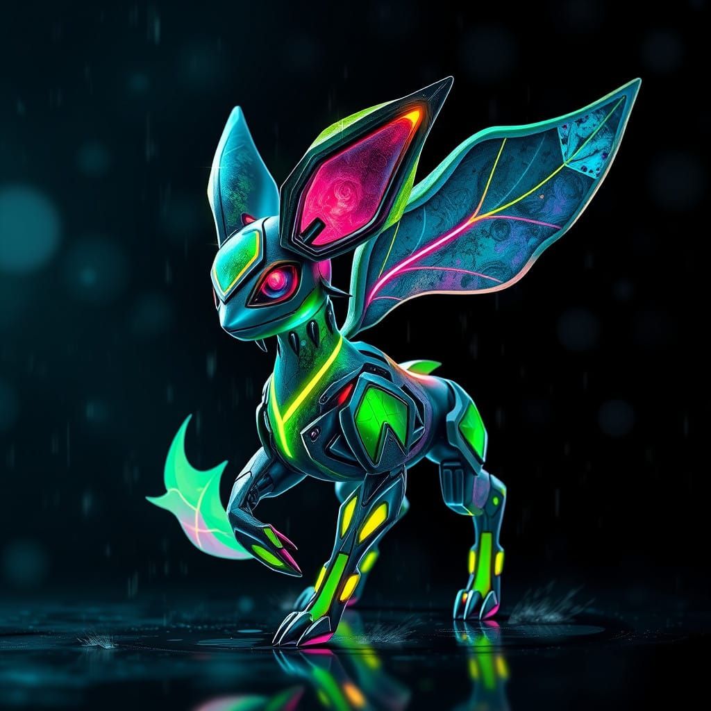 Cyberpunk Leafeon Pokémon in Vibrant Neon Hues, Inspired by....