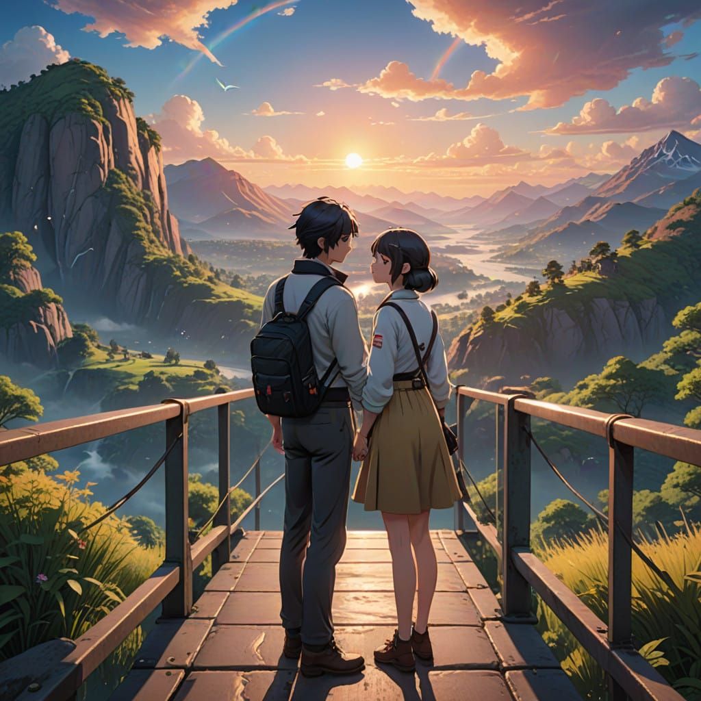 Ethereal Anime-Inspired Couple Enjoy Sunset on Majestic Moun...