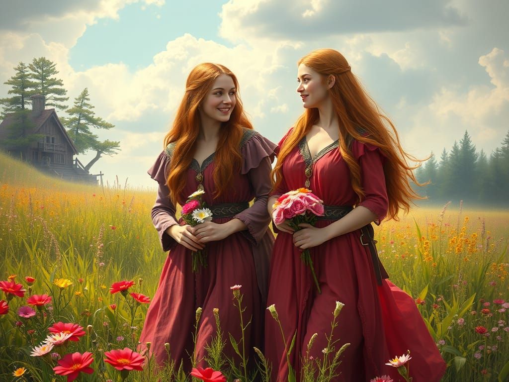 Viking Sisters Stroll in Enchanted Field