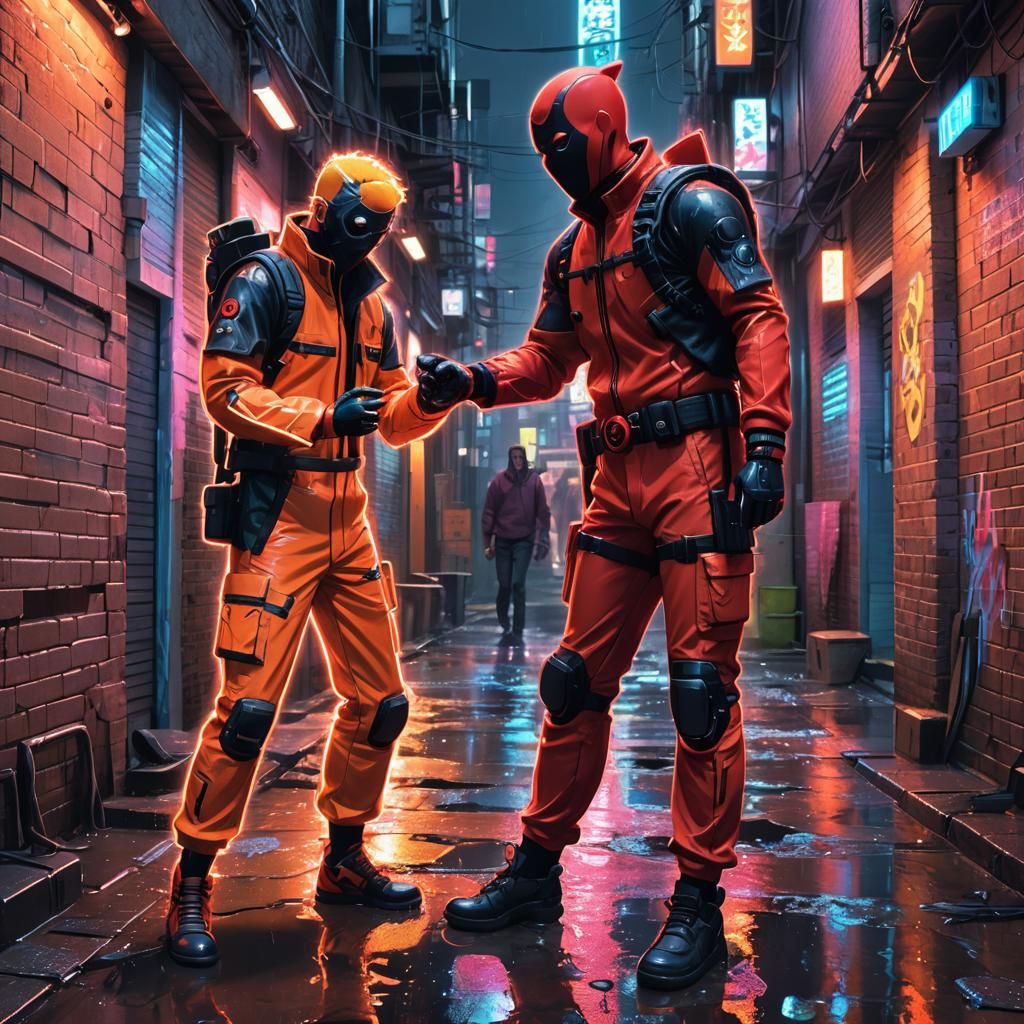 Naruto and Deadpool in Cyberpunk Neon Alleyway