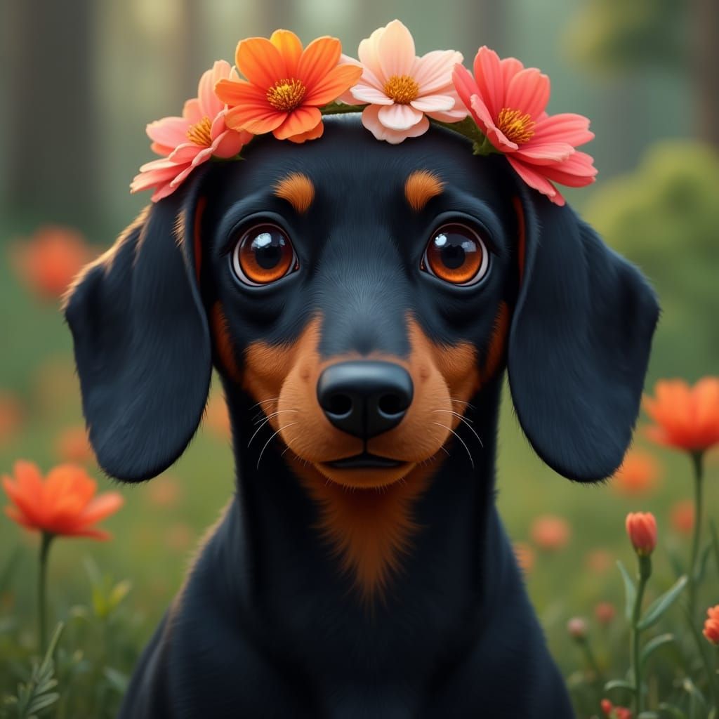 Dachshund with Flower Crown in Ghibli Style