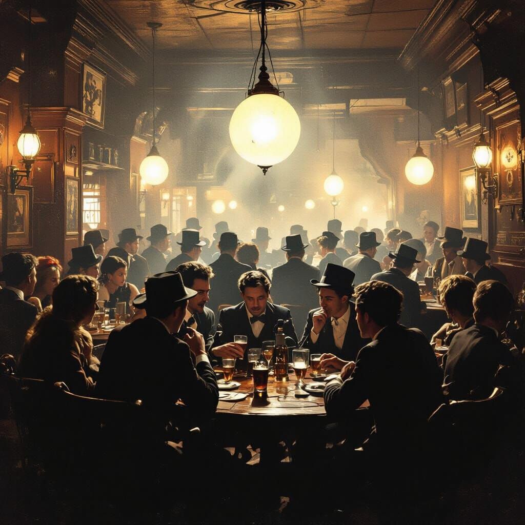 1904 Pub Scene: Mysterious Party Under Sphere Lights